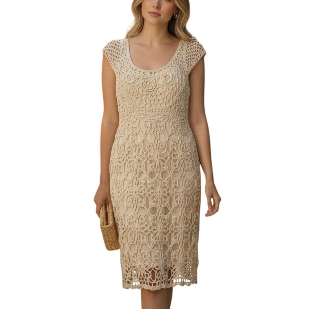 Y2K Pyramid Collection Boho Beige Crochet Midi Dress Fairycore Whimsy Vtg Chic-M